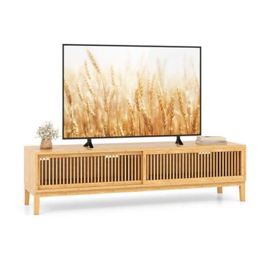 Costway Bamboo TV Stand for TVs up to 65 Inches with Sliding Slatted Doors-Natural