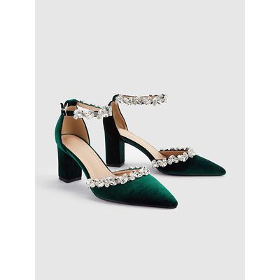 Women's Green Velvet Block Heel Pumps with Rhinestone Ankle Straps for Weddings and Formal Events