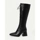 Women's Vintage Black and White Plaid Lace-Up Knee-High Boots with Block Heel for Casual Fall and Winter Fashion