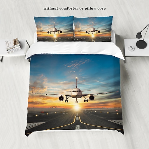 Bettbezug-Set mit Flugzeug, Himmel, Sonnenuntergang, Landebahn – enthält Bettbezug und Kissenbezüge – atemberaubendes Flugzeug- und Sonnenuntergangsdesign – weicher und bequemer Stoff Image