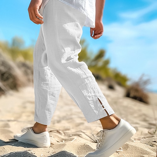 Herren Leinenhosen Sommerhose Abgeschnittene Hose Strandhose Kordelzug Elastischer Bund Einfach Komfort Atmungsaktiv Wadenlang Lässig Täglich Ferien Mode Klassicher Stil Schwarz Weiß Image