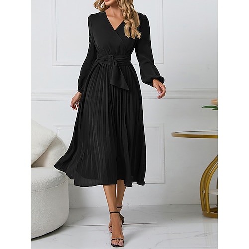 Damen Casual kleid Midikleid Rüschen Mit Gürtel Arbeit Elegant V Ausschnitt Langarm Schwarz Rote Blau Farbe Image