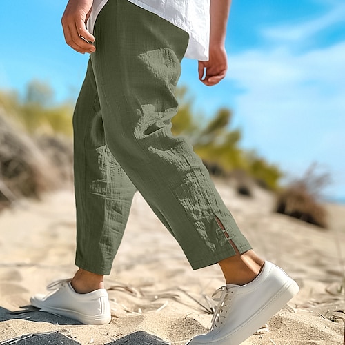Herren Leinenhosen Sommerhose Abgeschnittene Hose Strandhose Kordelzug Elastischer Bund Einfach Komfort Atmungsaktiv Wadenlang Lässig Täglich Ferien Mode Klassicher Stil Schwarz Weiß Image