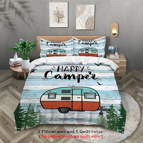Bettbezug-Set mit Cartoon-Camping-Wohnmobil-Aufdruck – enthält Bettbezug und Kissenbezüge – lustiges und skurriles Design – weicher und bequemer Stoff – perfekt für eine abenteuerliche Image