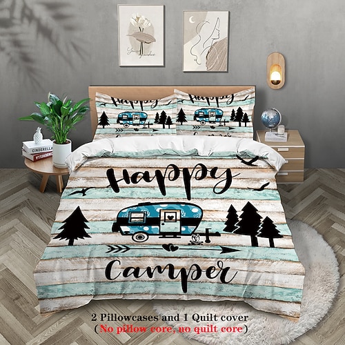 Bettbezug-Set mit Cartoon-Camping-Wohnmobil-Aufdruck – enthält Bettbezug und Kissenbezüge – lustiges und skurriles Design – weicher und bequemer Stoff – perfekt für eine abenteuerliche Image