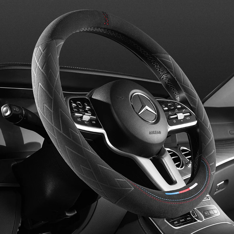 Auto Lenkrad Abdeckungen Rindsleder Wildleder Lenkrad Abdeckung Wrap Universal 37-38 cm Atmungsaktive Lenkung Abdeckungen Auto Zubehör Image