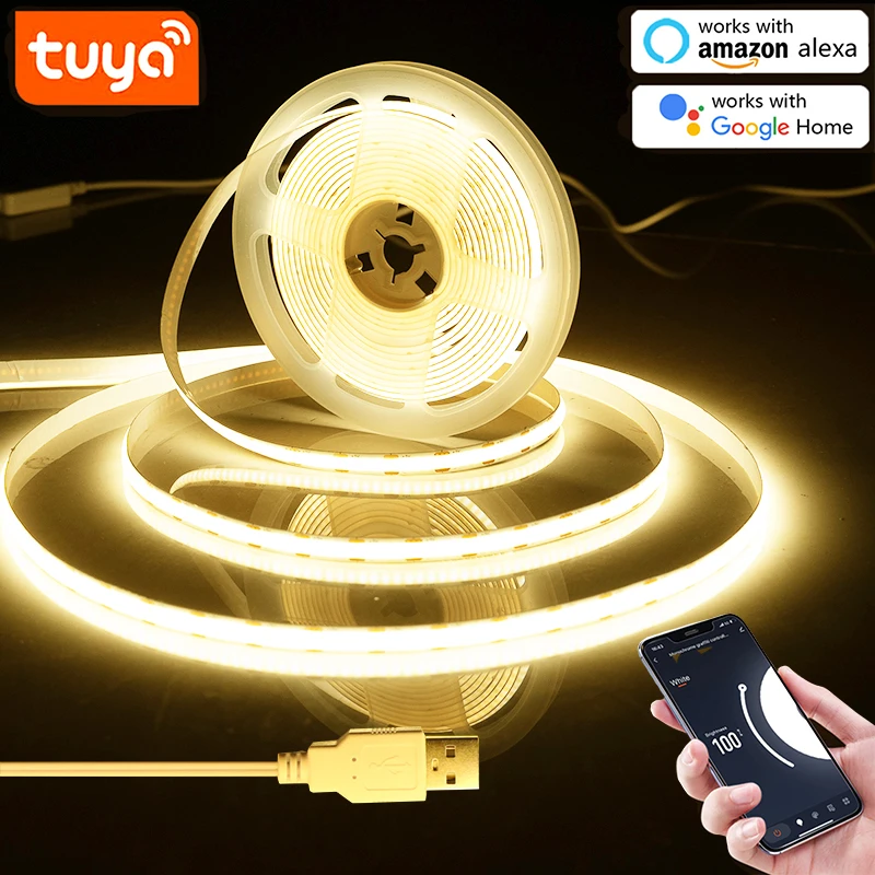 Striscia LED COB WiFi USB 5V, 1M 2M 3M 5M Tuya WiFi APP COB LED Strip Light Funziona con l'APP Smart Life/Alexa/Google Home