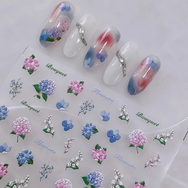 Hortensie Maiglöckchen 5d geprägte Reliefs selbst klebende Nail Art Aufkleber bunte Bouquet 3d Maniküre Aufkleber Großhandel Image
