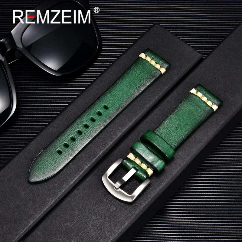 REMZEIM Pflanzlich gegerbtes Leder-Uhrenarmband, 18 mm, 20 mm, 22 mm, 24 mm, modisches Uhrenzubehör, Herren- und Damen-Retro-Armband Image