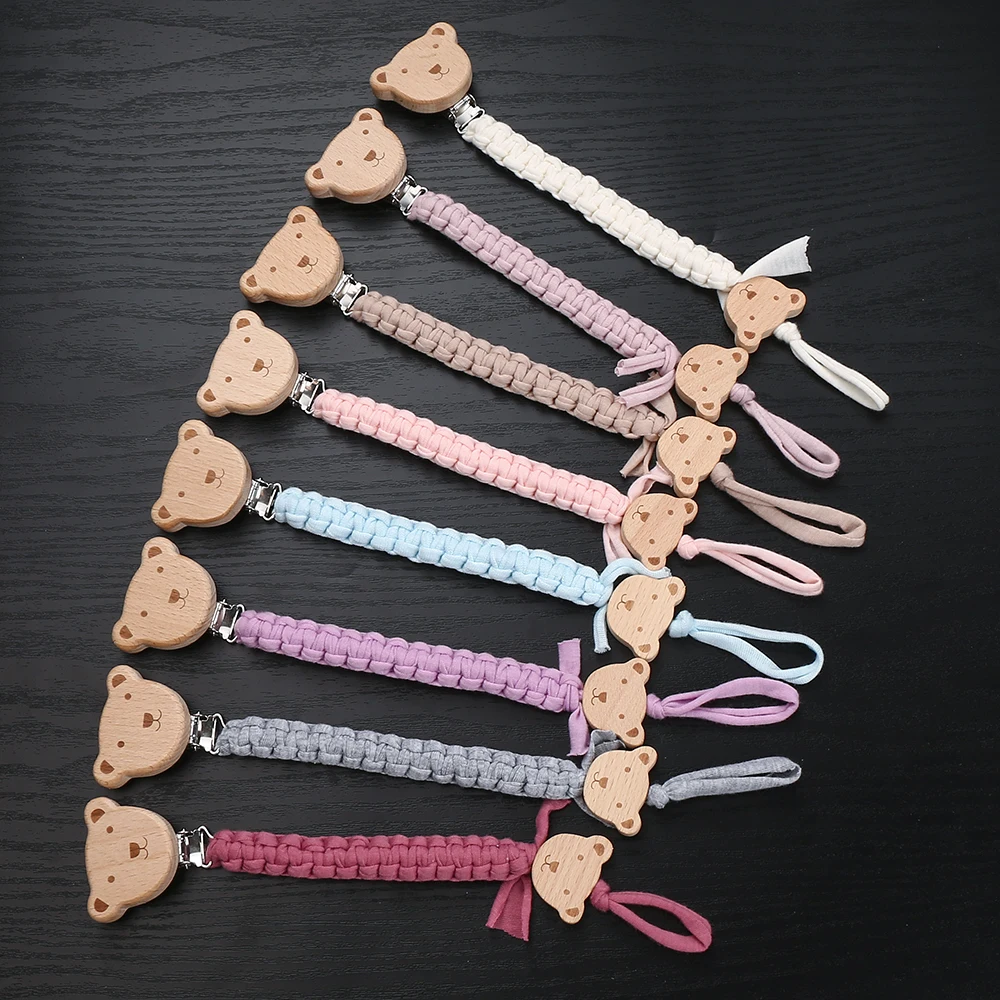 Baby Schnuller Kette Buche Holz Tier Nippel Clips Weben Baumwolle Seil Für Infant Schnuller Dummy Halter Kette Pflege Kauen Spielzeug Image