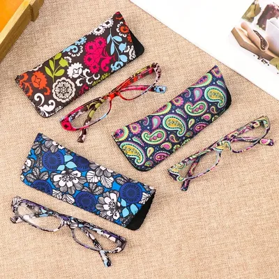 1PC New Fashion Women Reading Glasses Matching Pouch Ultra Light Resin Print Flower Magnifying