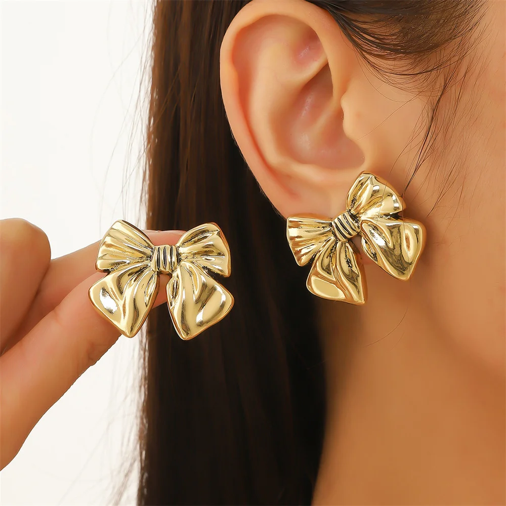 Gold Farbe Legierung Stud Ohrringe Einfache Bogen Ohrring Für Frauen Französisch Retro Ohrringe Modeschmuck Trendy Zubehör Geschenke Image