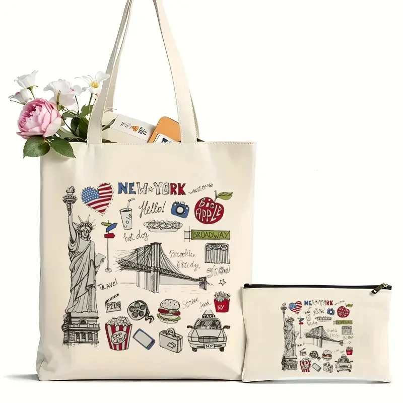 2 stücke New York Central Park Damen handtasche Kosmetik tasche Mode lässig Schulter Öko große Kapazität tragbare Reise Einkaufstasche Image