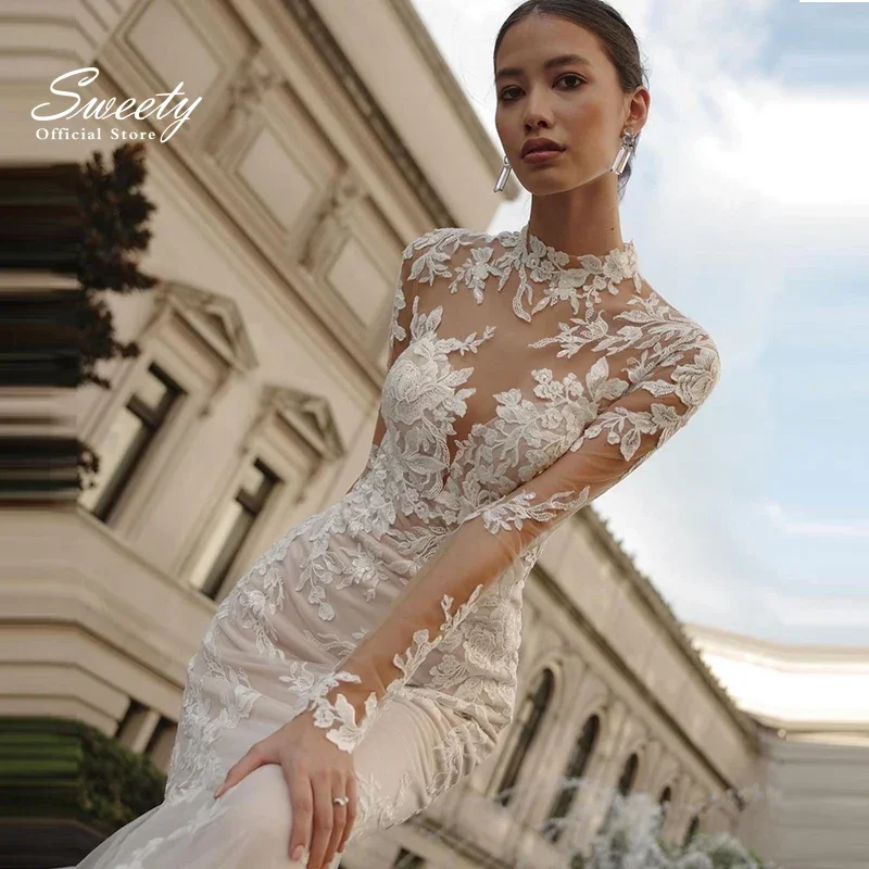 High-Neck Meerjungfrau Hochzeit Kleid Elegante Organza Mit Stickerei Ballkleid Volle Hülse Braut Taste Vestido De Novia Angepasst Image