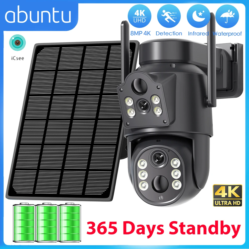 8MP 4K HD Solar WiFi Kamera Outdoor Eingebaute Batterie Dual Objektiv 2K Sicherheit Kamera Solar Panel Drahtlose Video überwachung iCSee Image