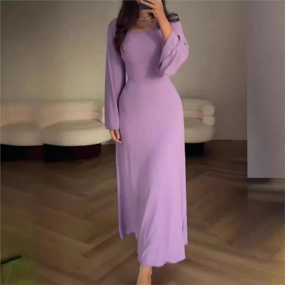 Fashion Solid Rippen Zurück Lace-Up Straps Maxi Kleid Weibliche Lange Hülse Dünne Bandage Frühling Herbst Frauen Kleider 2024 neue Farbe Image