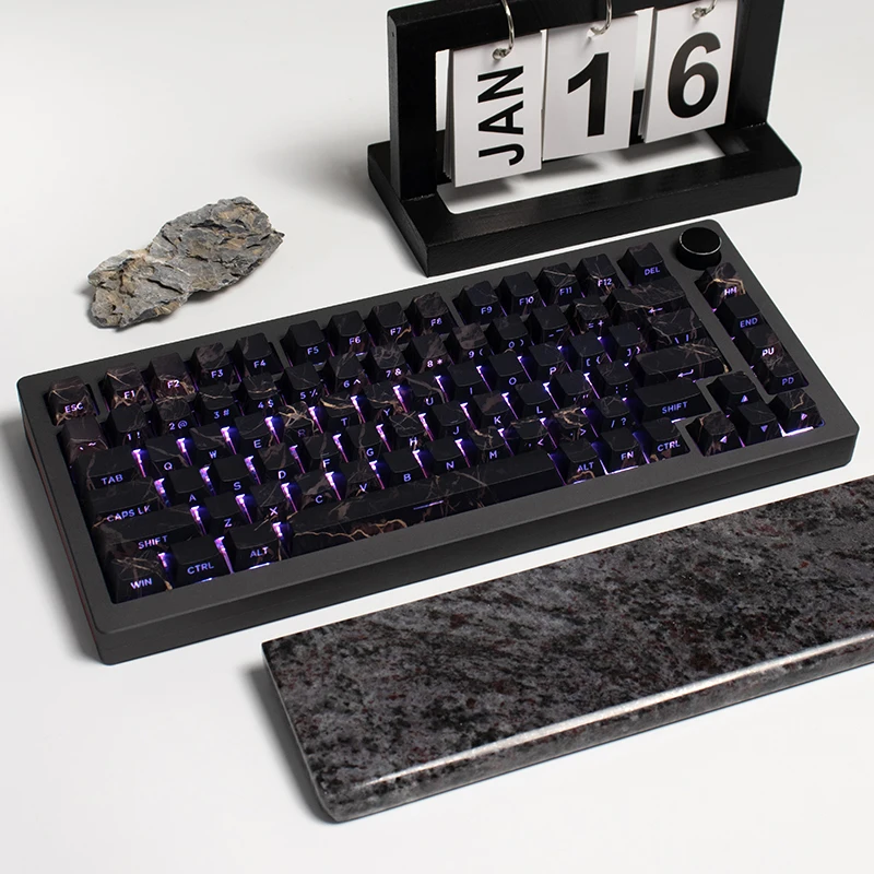 131 Tasten Marmorstruktur Tastenkappen Seitendruck Hintergrundbeleuchtung Schwarz Dye-Sub PBT Tastenkappe Kirschprofil für 60 % 68 % 75 % mechanische Tastatur Image