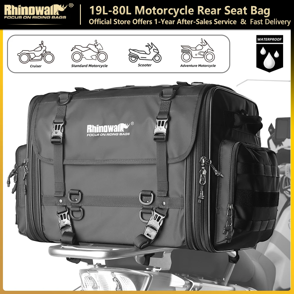 Rhinowalk Motorrad-Rücksitztasche, Reisegepäck, wasserdicht, 19 l–80 l, erweiterbarer Motor, Heck-/Kofferraum-/Rack-Tasche für die meisten Motorräder Image