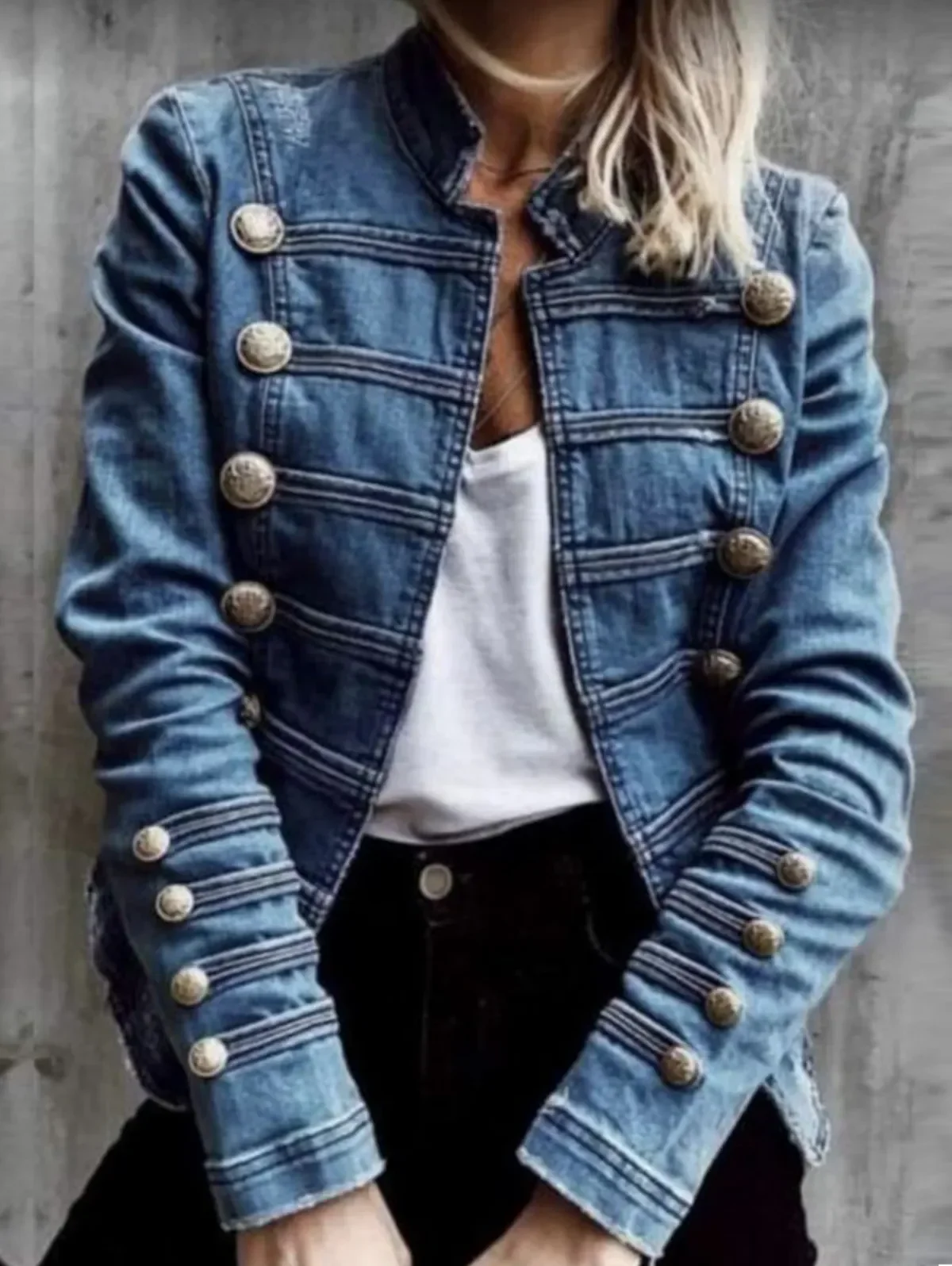 Vintage-Jeansjacke mit Knöpfen für Damen, Stehkragen, Frühling und Winter, schmal, lässig, Retro-Jeans, Oberbekleidung, Harajuku-Jeansmantel 2024 Image