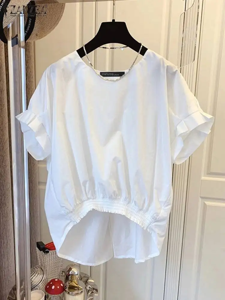Sommer Elegante Kurzarm Bluse ZANZEA Fashion Solid OL Arbeit Hemd Frauen Casual Tops Weibliche O Neck Lose Urlaub Partei Blusas Image