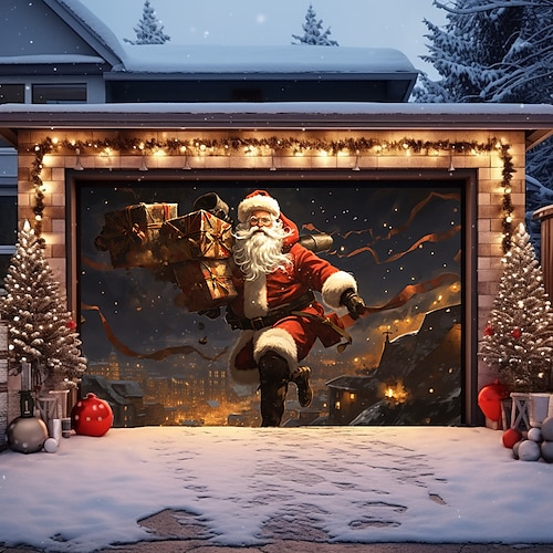 Weihnachtstürdekorationen für den Außenbereich, Garagentorabdeckung, Weihnachtsmann, Weihnachtstürbanner, Weihnachtsmann, Schneemann, große Türwandkulisse, Dekoration für die Wanddekoration zu Hause Image