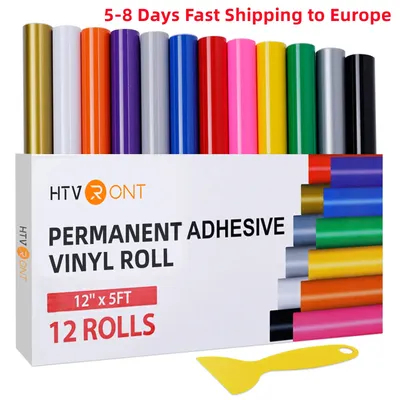 12 Pack HTVRONT 12inX5ft Multi Color Permanent Adhesive Vinyl Rolls for Cricut Craft DIY Cup Glass