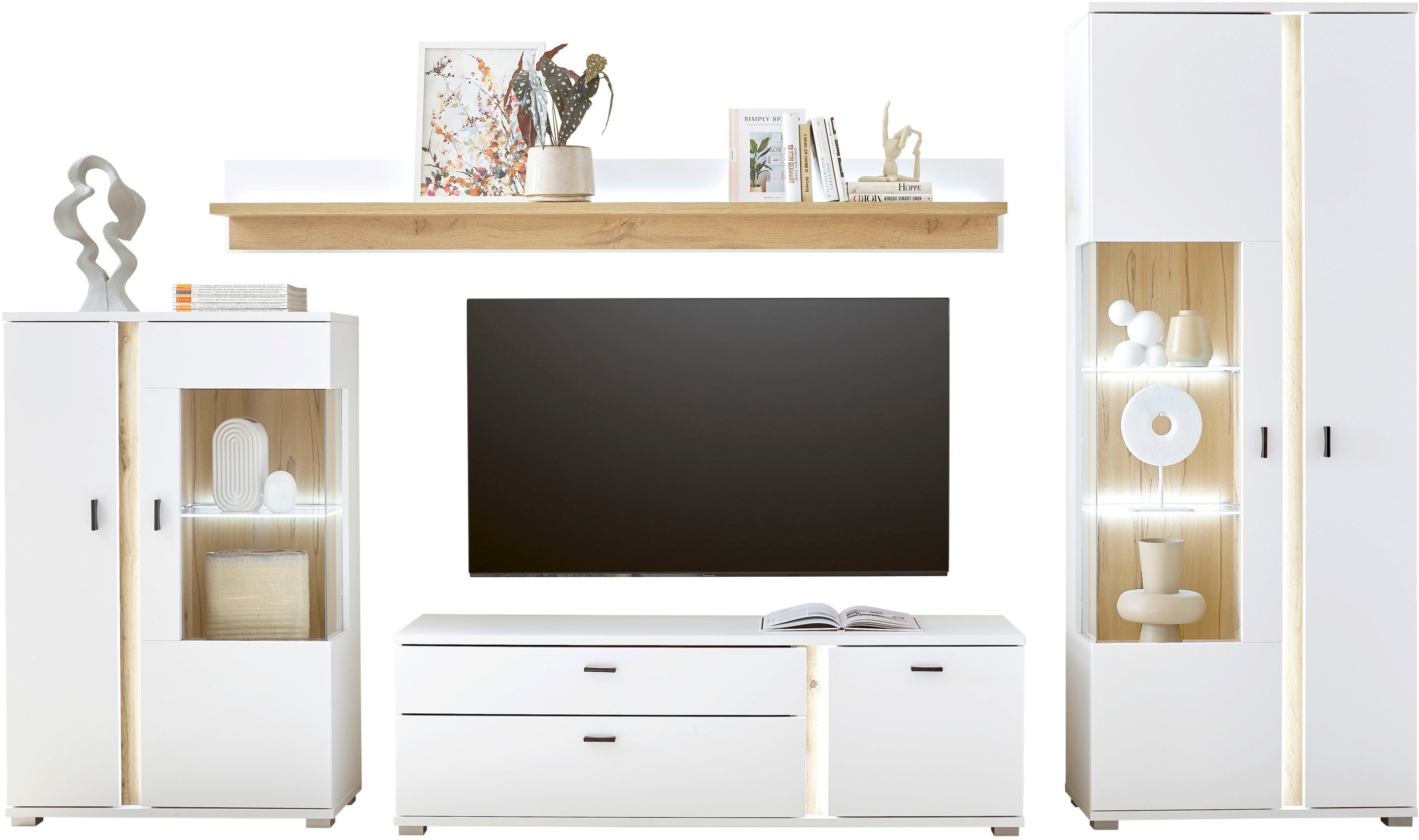 Wohnwand INOSIGN "LONG ISLAND", weiß (weiß, eiche), B:330cm H:200cm T:42cm, Holzwerkstoff, Kastenmöbel-Sets, Wohnwand, in moderner Trendfarbe,inklusive senkrechter Beleuchtung,Breite 330 cm