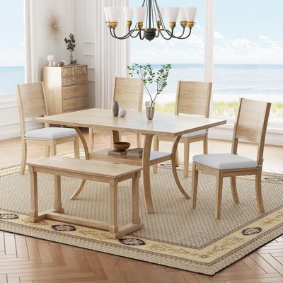 Wood Dining Set Kitchen Table Set w/ Storage Shelf, Rectangular Table Chair 5-piece w/ Bench, 4 Removable Cushions Dining Chairs