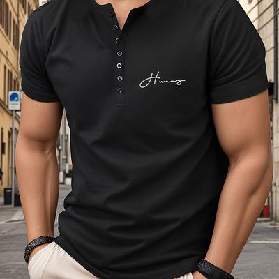 TEMU Trendy Letters Print Men's Athletic V-neck Henley T-shirt - Short Sleeve Casual Workout Top For Image