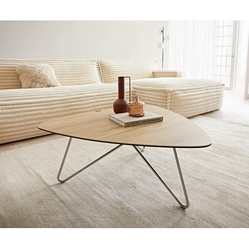 DELIFE Couchtisch Ekrem 88x85 cm Keramik Laminam® Sabbia Eichefarbig Hairpin rund Edelstahl, Couchtische