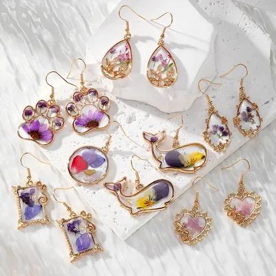 Purple Daisy Dried Flower Cat's Paw Drop Earrings New Trendy Desige Dolphin Heart Water Drop Golden