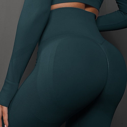 Damen Yogahose Nahtlos Po-Lifting Bauchkontrolle Hohe Taille Fitnesstraining Laufen Fitness Leggings Unterteile Einfarbig Schwarz Himmelblau Dunkelgrün Spandex Herbst Sport Sportkleidung Hohe Image