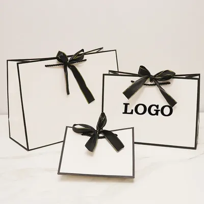 10 Pcs Custom Your Logo Brand Paper Bag With Bow Tie White Bags Christmas Day Gifts Bags Shopping