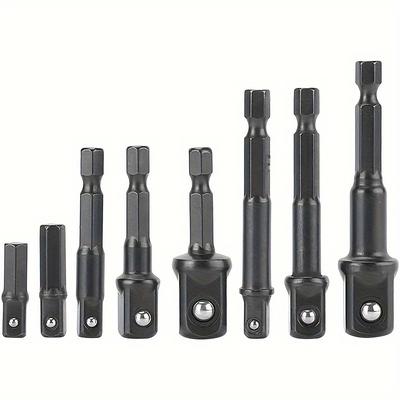 "TEMU 8pcs Impact Drill Socket Adapter Set, Hex Shank To 1/4", 3/8", 1/2" Drive, Steel Construction, Ideal For Mechanical Applications" Image