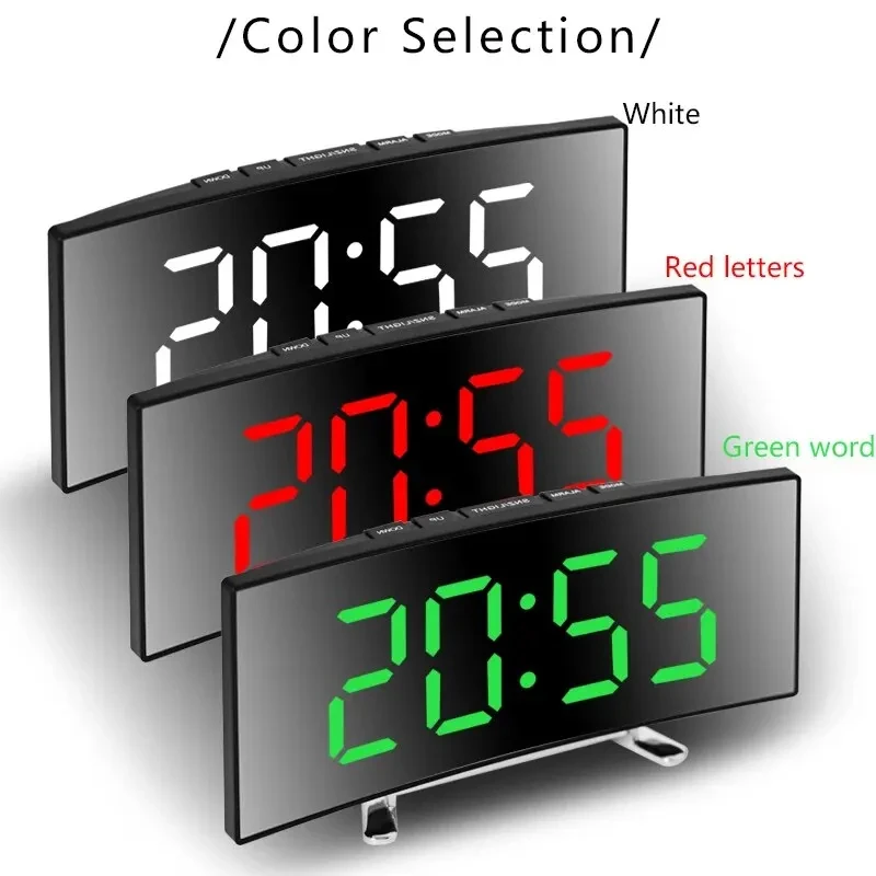 Kreative gebogene elektronische Uhr, LED-Großbildschirm-Plug-in-Akku, Spiegelwecker mit doppeltem Verwendungszweck, speziell für das Studentenschlafzimmer Image