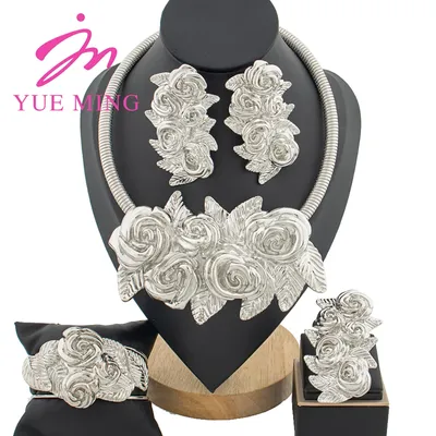 YM Sliver Plated Jewelry Set Women Party Collar Cuff Bangle Luxury Flower Pendant Large Earrings