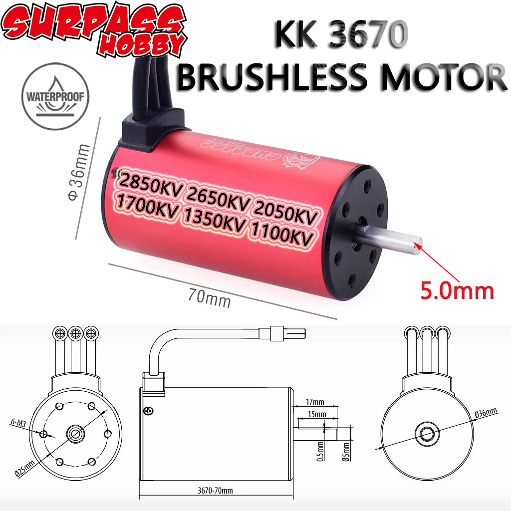 SURPASS HOBBY KK 3670 Wasserdichter bürstenloser Motor 1100 KV 1350 KV 1700 KV 2050 KV 2650 KV 2850 KV für 1/10 1/8 RC Drift Racing Off-Road