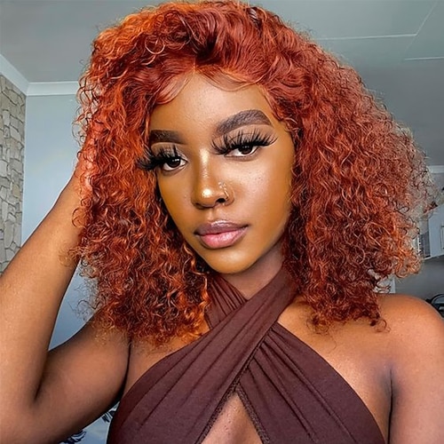 Unverarbeitetes reines Haar 13x4 Spitzenfront Perücke Kurzer Bob Brasilianisches Haar Tief geschweift Afro verworrenes lockiges Orange Burgund Mehrfarbig Perücke 130% 150% 180% Haardichte mit Image