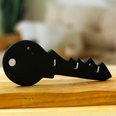 'Minimalist Key-Shaped Hand-Carved Black Marble Key Rack'