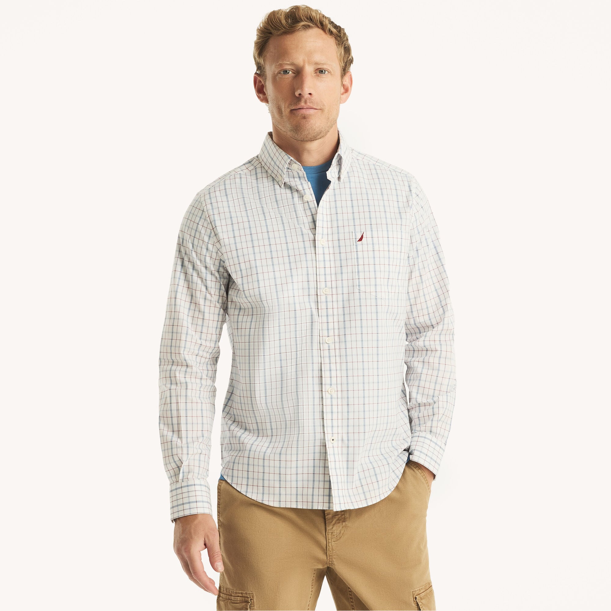 Nautica Men's Classic Fit Wrinkle-Resistant Plaid Shirt 101 (Bright White), L