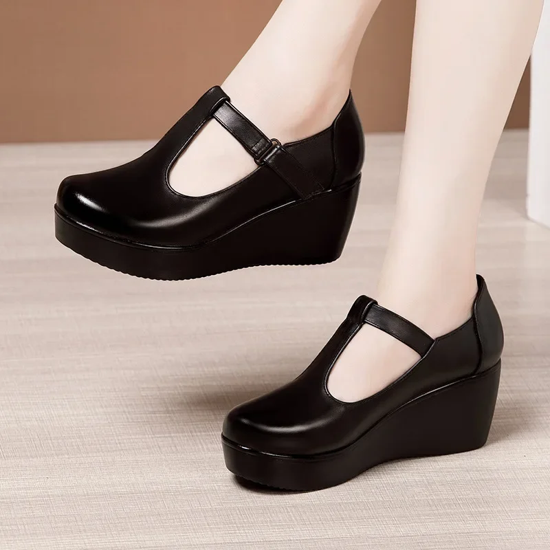 6cm Small Size 32-43 T Strap Shallow Mary Janes Women's Platform Pumps 2026 Fall Med Heels Wedges Shoes for Office Mom Dance