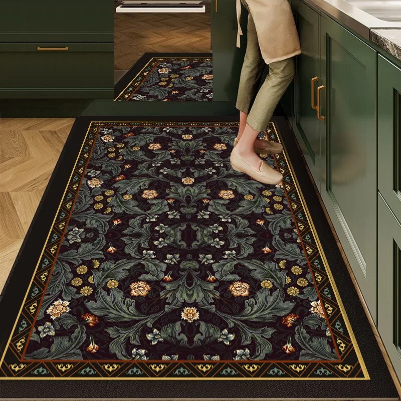Kitchen Carpet Pvc Waterproof Non-slip Floor Mat Retro American Style Home Decoration Rug Plaid Plant Flower Anti-oil Carpets
