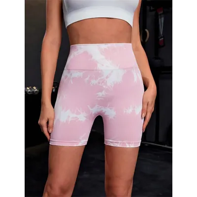 Women's Tie Dye Print Ruched High Waist Sports Shorts, Casual Comfy Breathable Seamless Skinny Shorts for Yoga Gym Workout
