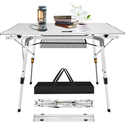 Efan 90X53CM(3FT)Folding Camping Beach Table+Storage Net,Aluminium Roll Up Table Height Adjustable+Bag for Picnic Garden BBQ
