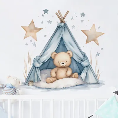 Cartoon Teddy Bear Tent Stars Wall Stickers for Kids Room Nursery Baby Room Decoration Wall Decals Room Interior
