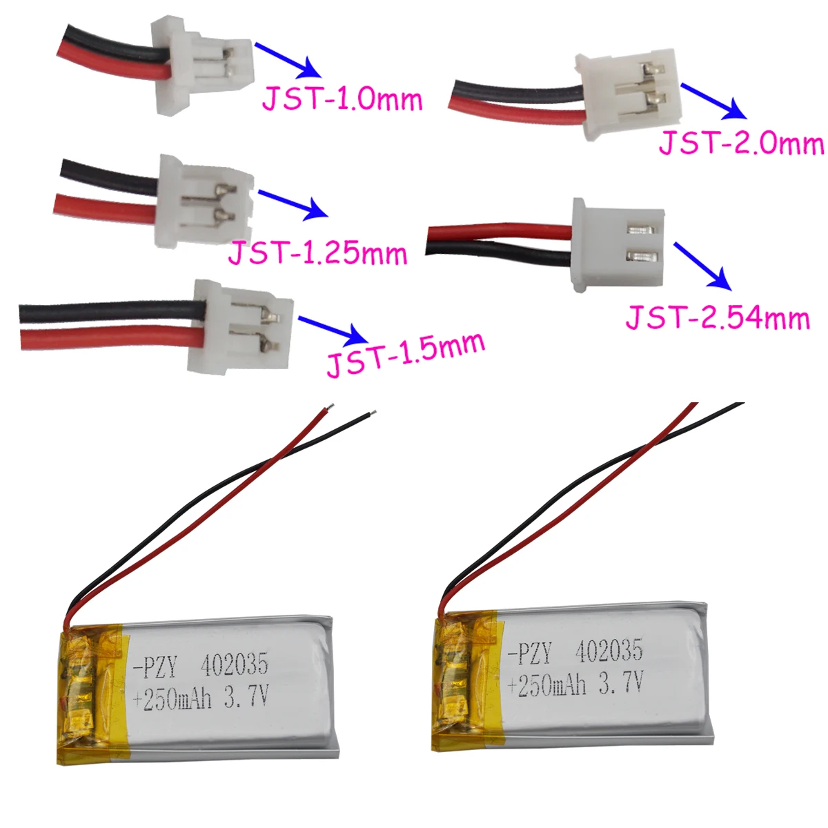 2 stücke 3,7 V 250 mAh 402035 Polymer Li Lipo Batterie JST 2Pin 1.0/1.25/1.5/2.0/2,54mm Für GPS Kamera MP3 MP4 Fahren Recorder LED Image