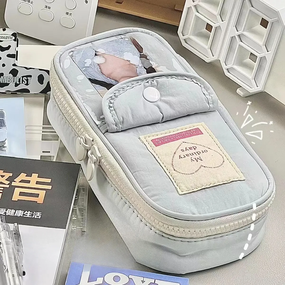 1Pc Schöne INS Japanischen Retro Milch Blau Bleistift Fall Mädchen 3-zoll Foto Karte Tasche Stift Tasche Schreibwaren veranstalter Schule Liefert Image