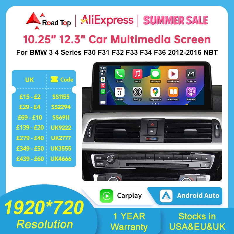 10,25 ''1920*720 Drahtlose Carplay Android Auto Multimedia Display Für BMW 3 4 Serie F30 F31 F32 f33 F34 F36 NBT Touchscreen Image