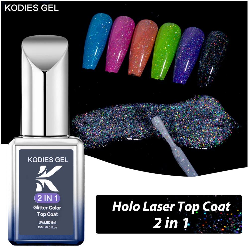 KODIES GEL Super Laser Top Coat Gel Nagellack 2 IN1 Glitzer Pailletten Rainbow Shine Top Gel Finish Cover Sealer Alles für Maniküre Image