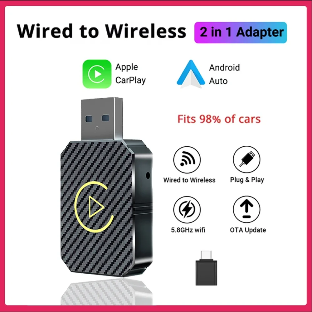 2-in-1 kabelloser CarPlay-Adapter und Android Mini Auto Wireless-Adapter, 5 GHz WiFi Typ-C/USB Plug & Play Carplay Wireless-Adapter Image